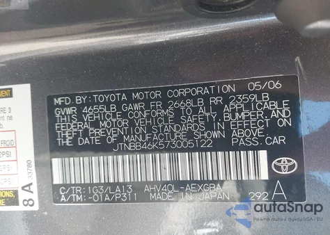 2007 Toyota Camry Hybrid из США, поврежденный, VIN JTNBB46K573005122
